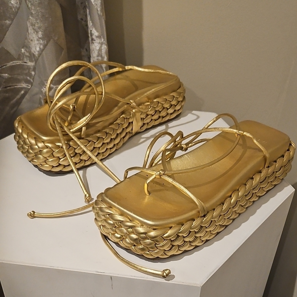 Mundial Metallic Gold Strappy Platform Sandals - Picture 2 of 5